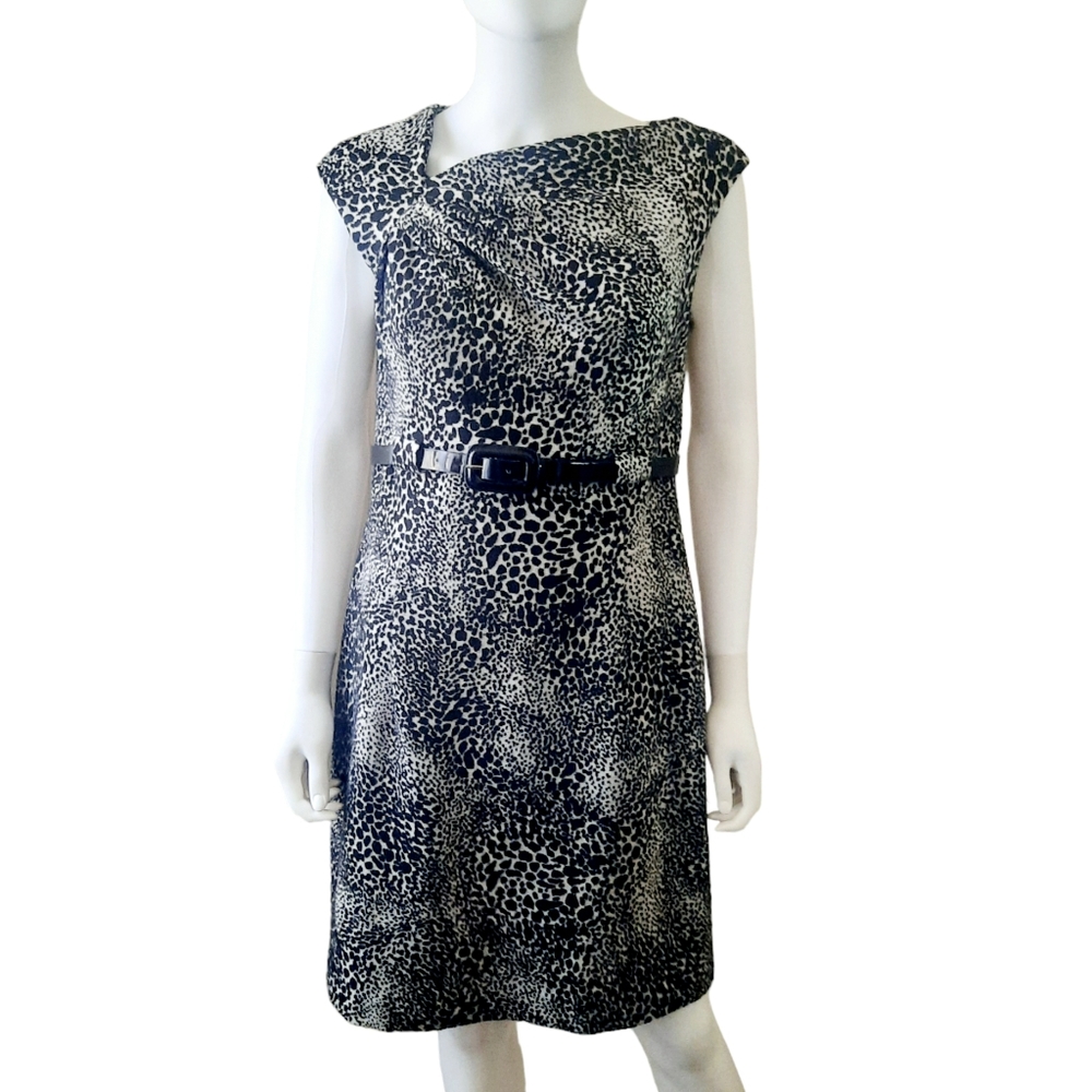 CALVIN KLEIN Knit Animal Print Ruched Shoulder Belted Sheath Dress 10 Blk/Wht